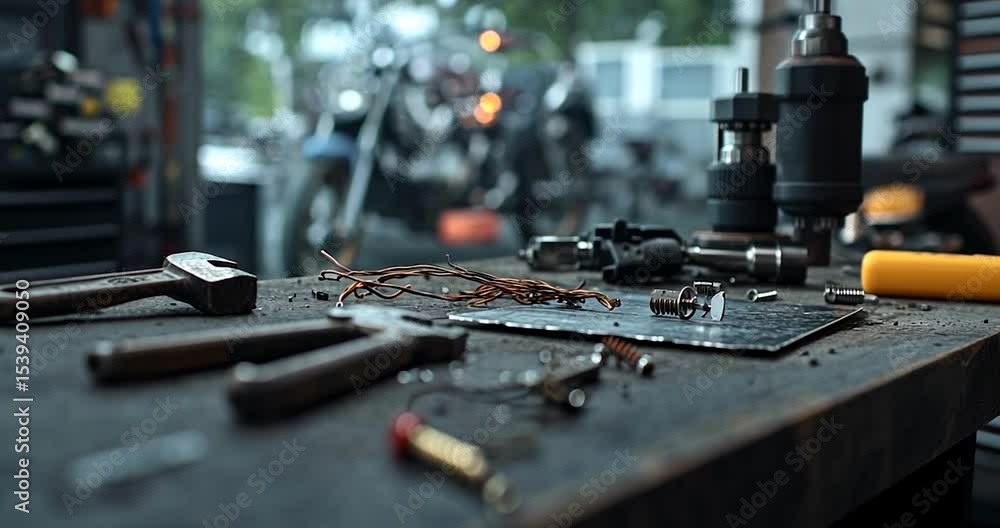 Poster close-up view of tools and small parts on a dark workbench in a garage setting. blurred background s