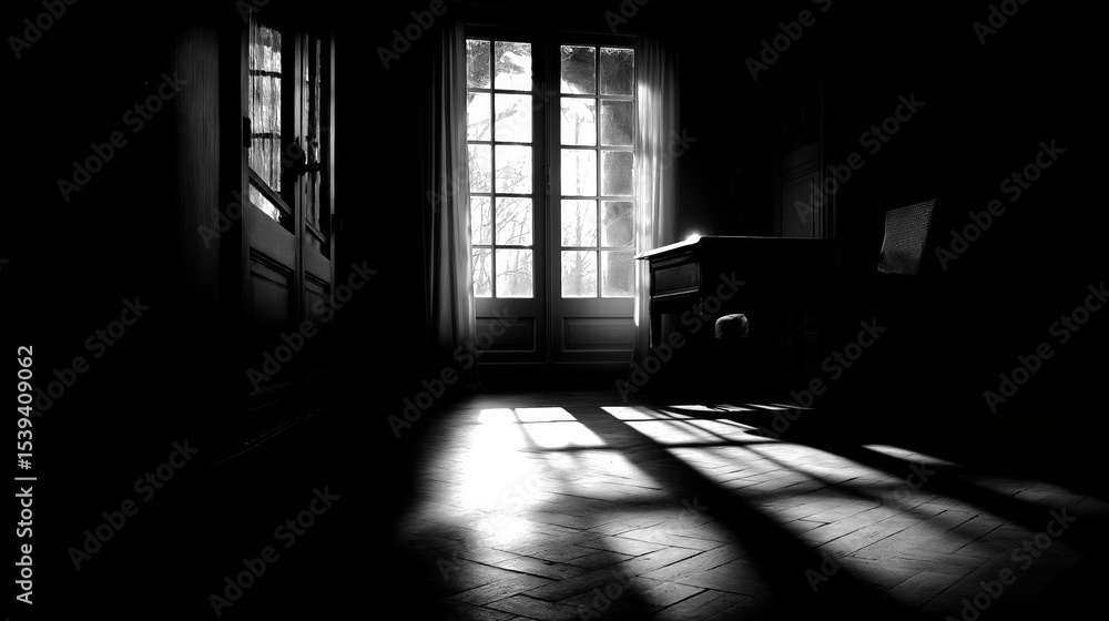Poster dimly lit room with wooden floor and desk is illuminated by sunlight streaming through window, casti