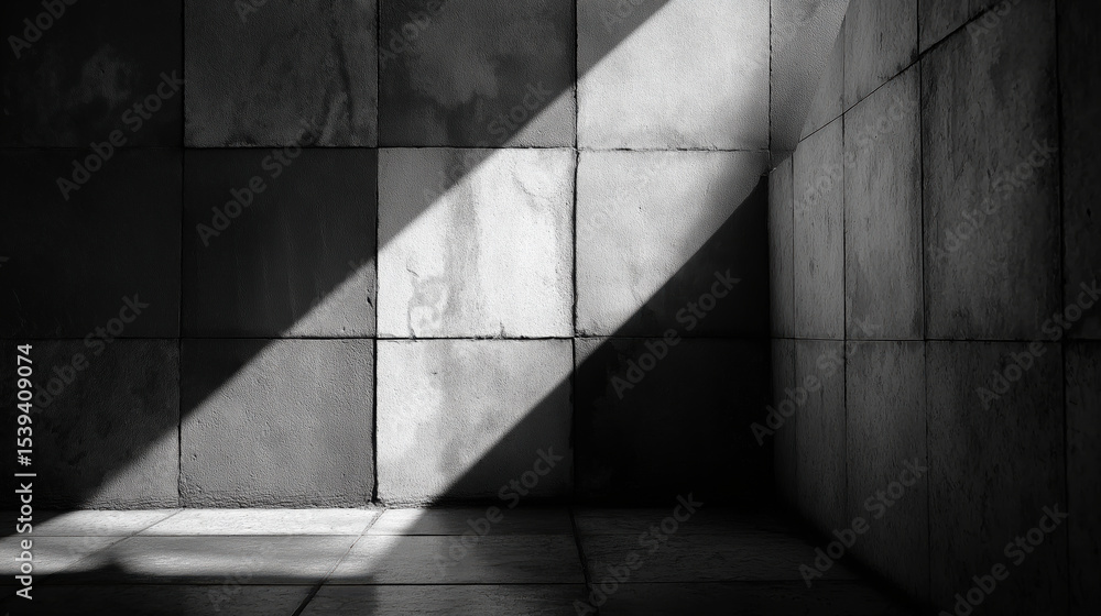 Poster Dramatic black and white image of tiled room with strong diagonal beam of light casting shadows on walls and floor, creating moody atmosphere