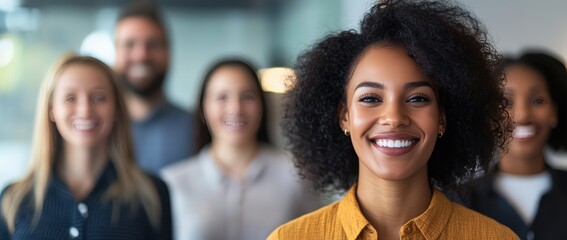 Diverse business team smiling and collaborating in a professional office environment