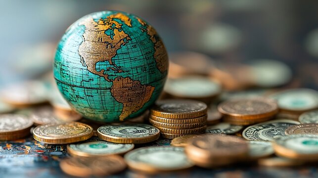 Global Finance: Globe Resting on a Bed of Coins Symbolizing Worldwide Economy