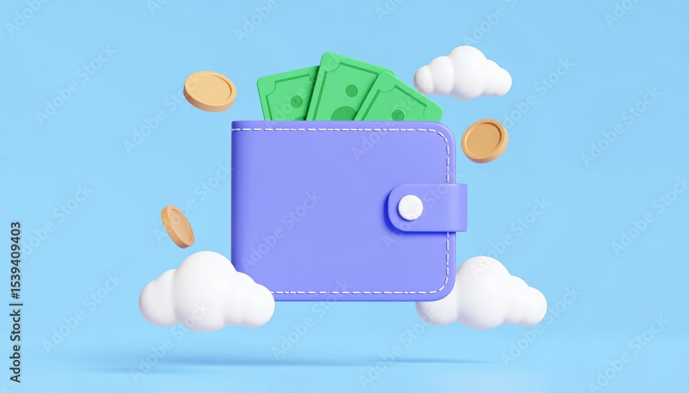 Poster dynamic 3d render of a wallet with money floating out representing digital savings and financial gro