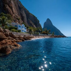 Fototapeta premium Coastal Paradise Luxury Home Clear Ocean Rocky Shore Tropical Beach