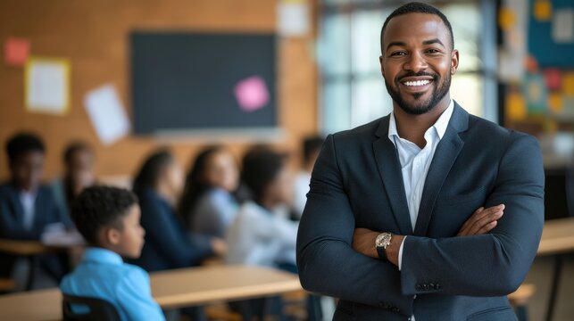 Confident teacher in classroom setting during learning session