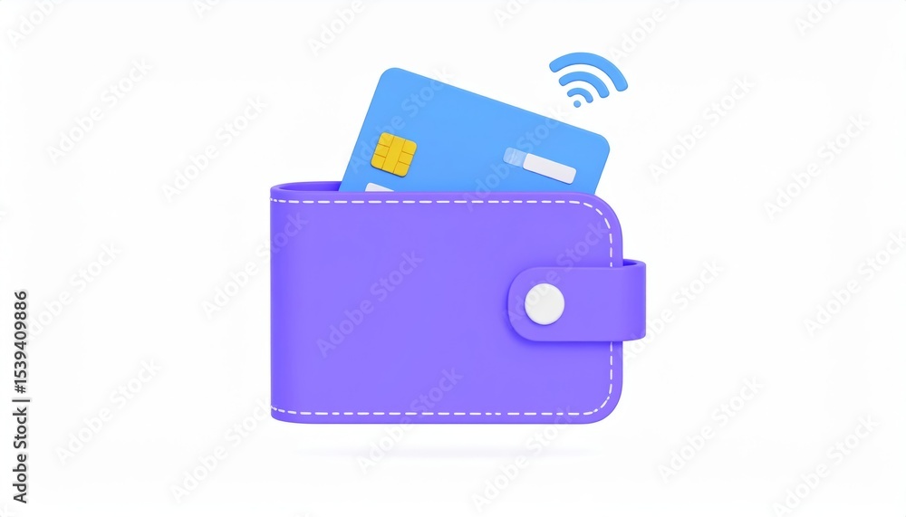 Poster modern 3d render of purple wallet with contactless card popping out representing trendy transaction 