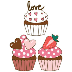 valentines day cupcakes with hearts and strawberries isolated vector illustration