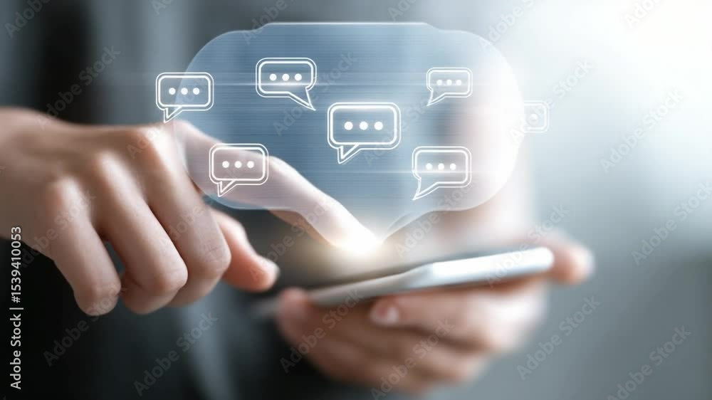 Poster person using smartphone with chat bubble icons and digital communication concept in modern technolog