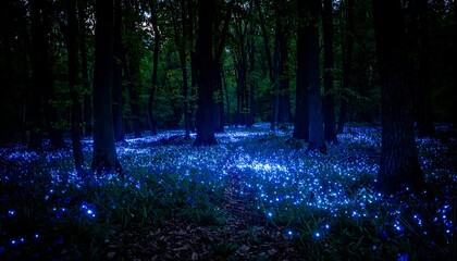 Bluebells glow in dark forest.