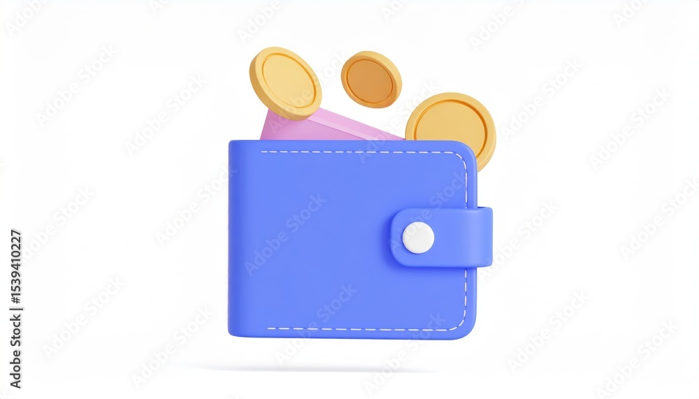 Poster wallet with floating coins symbolizing prosperity and personal finance in a dynamic 3d rendered icon