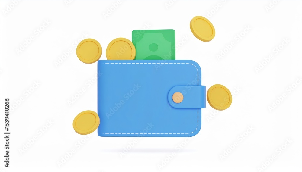 Poster modern wallet surrounded by floating coins representing personal finance and prosperity in 3d render