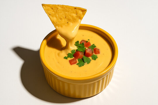 Yellow Corn tortilla chip dip in salsa con queso with cilantro and tomato topping in a ramekin bowl