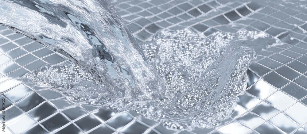 Poster water pouring onto a reflective tiled surface creating ripples and splashes in a close up shot view
