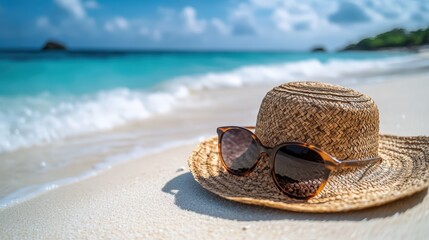 Relaxing summer beach scene with straw hat and sunglasses on white sand