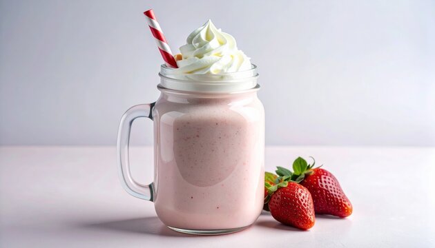 Primer plano de smoothie cremoso de fresa en frasco transparente con crema batida y fresas frescas en el borde, sobre fondo pastel rosa
