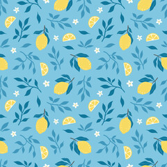 Hand drawn colorful seamless pattern of hand drawn lemons leaves and lemon flowers. Citrus fruit background. Perfect for textile manufacturing wallpaper posters etc. Vector illustration	