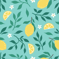 Hand drawn colorful seamless pattern of hand drawn lemons leaves and lemon flowers. Citrus fruit background. Perfect for textile manufacturing wallpaper posters etc. Vector illustration	