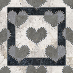 Geometric pattern texture with grunge stone hearts. Stylish floor wall tile heart
