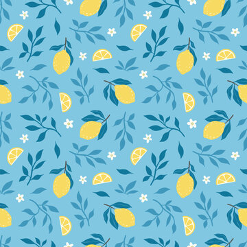 Fototapeta Hand drawn colorful seamless pattern of hand drawn lemons leaves and lemon flowers. Citrus fruit background. Perfect for textile manufacturing wallpaper posters etc. Vector illustration 