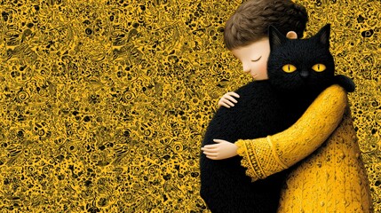 Girl Comforting Black Cat   Cozy Room  Twilight  Grief  Pet  Love  Illustration