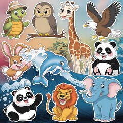 Collection of cartoon animal stickers for kids' design projects with diverse species