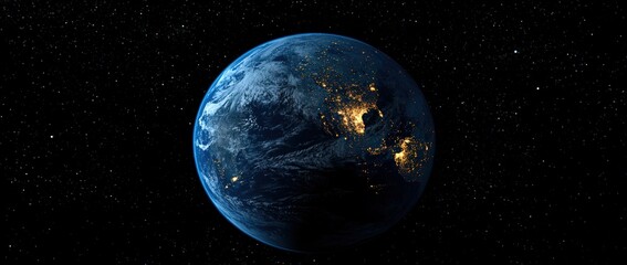 Photorealistic view of earth at night with city lights from space