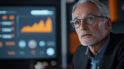 Senior businessman analyzing financial data in modern office setting
