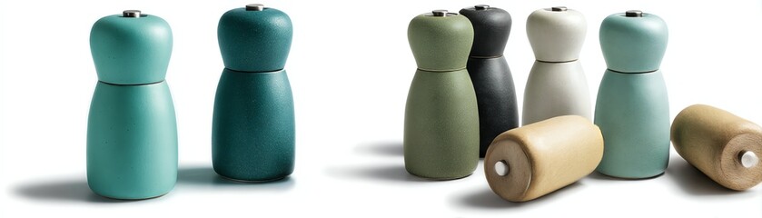 Stylish salt and pepper shakers on a white isolated background.