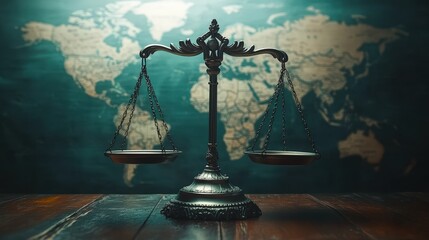 Scales of justice with digital map background depicting global legal concept