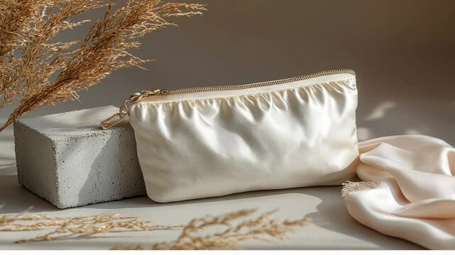 Cream-colored silk pouch on a light gray concrete block, with dried tan grasses