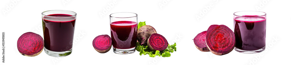 Poster set of beetroot juice in glasses with fresh beetroot slices. isolated on transparent background