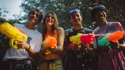 Group of friends having fun with water guns during a sunny day outdoors.