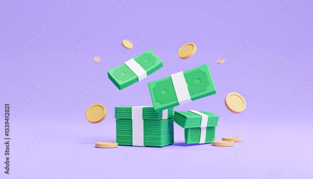 Poster neatly arranged stack of money with green and white stripe accented on a purple background with coin