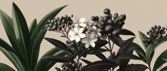 Elegant Monochrome Botanical Print  Flowers  Leaves  Vintage Style Illustration