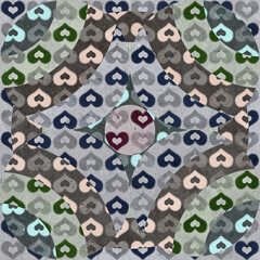 Geometric pattern texture with grunge stone hearts. Stylish floor wall tile heart