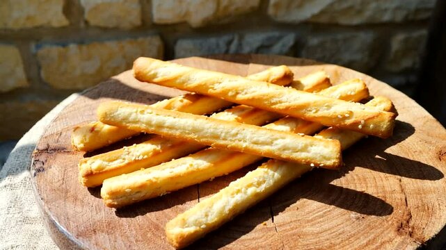 Freshly baked breadsticks arranged on a wooden board with a rustic stone wall background