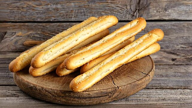 Freshly baked breadsticks arranged on a rustic wooden board with a textured background