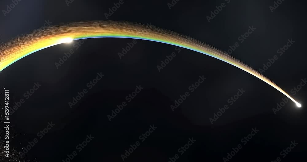Poster abstract arc of light resembling a rainbow with glowing particles against a black background. the li