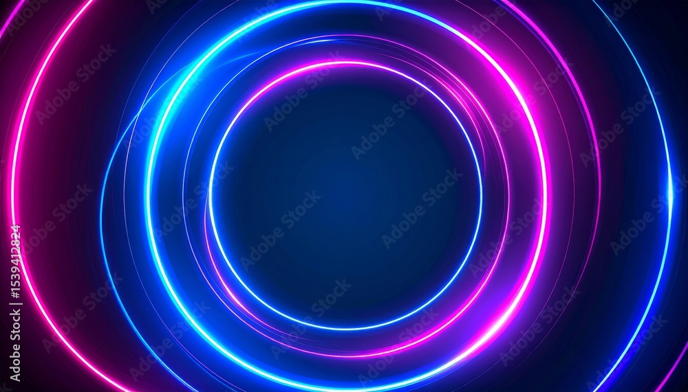 Poster neon light tunnel with abstract blue and pink circles creating a futuristic atmosphere for visual im