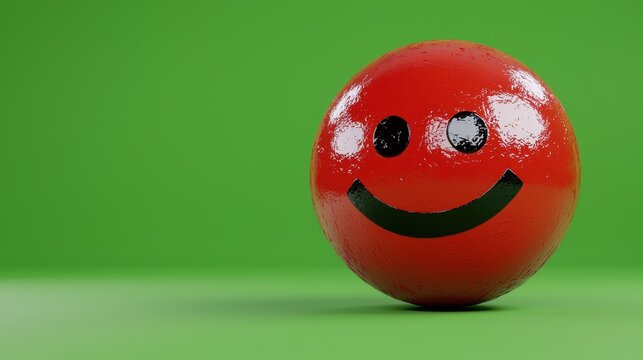 Glossy Red Pixelated Smiley Sphere on Green Background