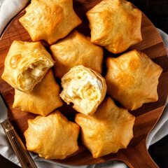 Overhead view of rustic baked potato-filled pastries arranged on a wooden cutting board
