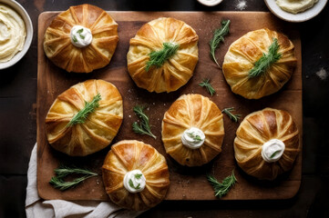 Rustic golden pastries with creamy mashed potato filling on a wooden board