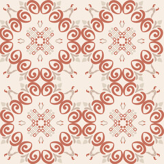 Seamless vintage damask floral tile design in orange, brown, and earthy tones, perfect for textile prints and home decor.