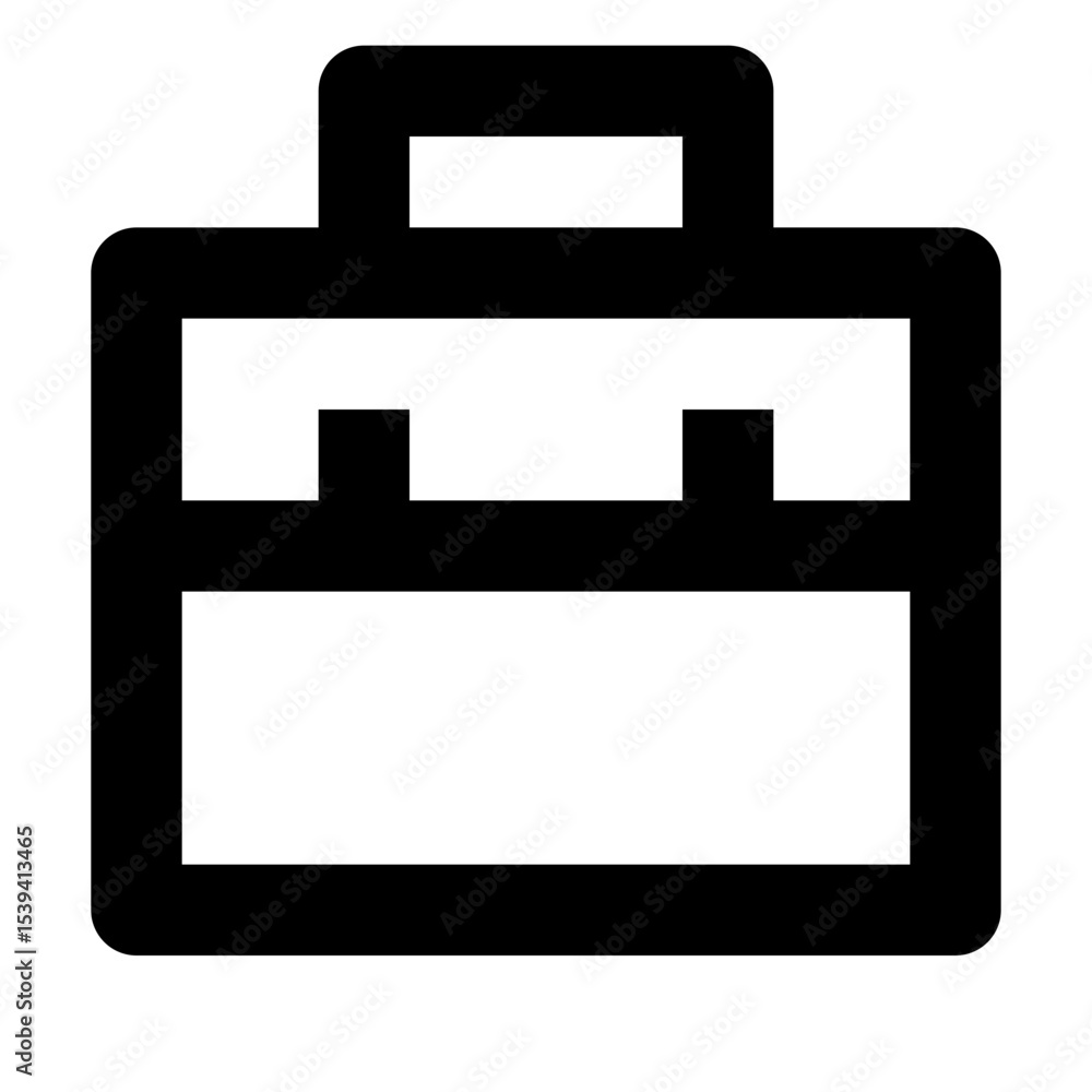 Poster illustration of a black outlined briefcase with a handle and two clasps in a simple style icon