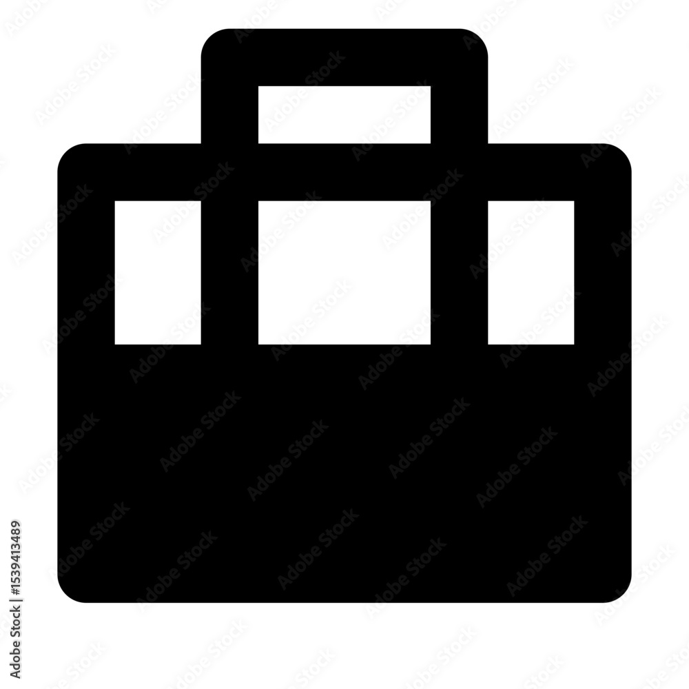 Poster illustration of a simple black briefcase with handle and three white rectangular compartments shown