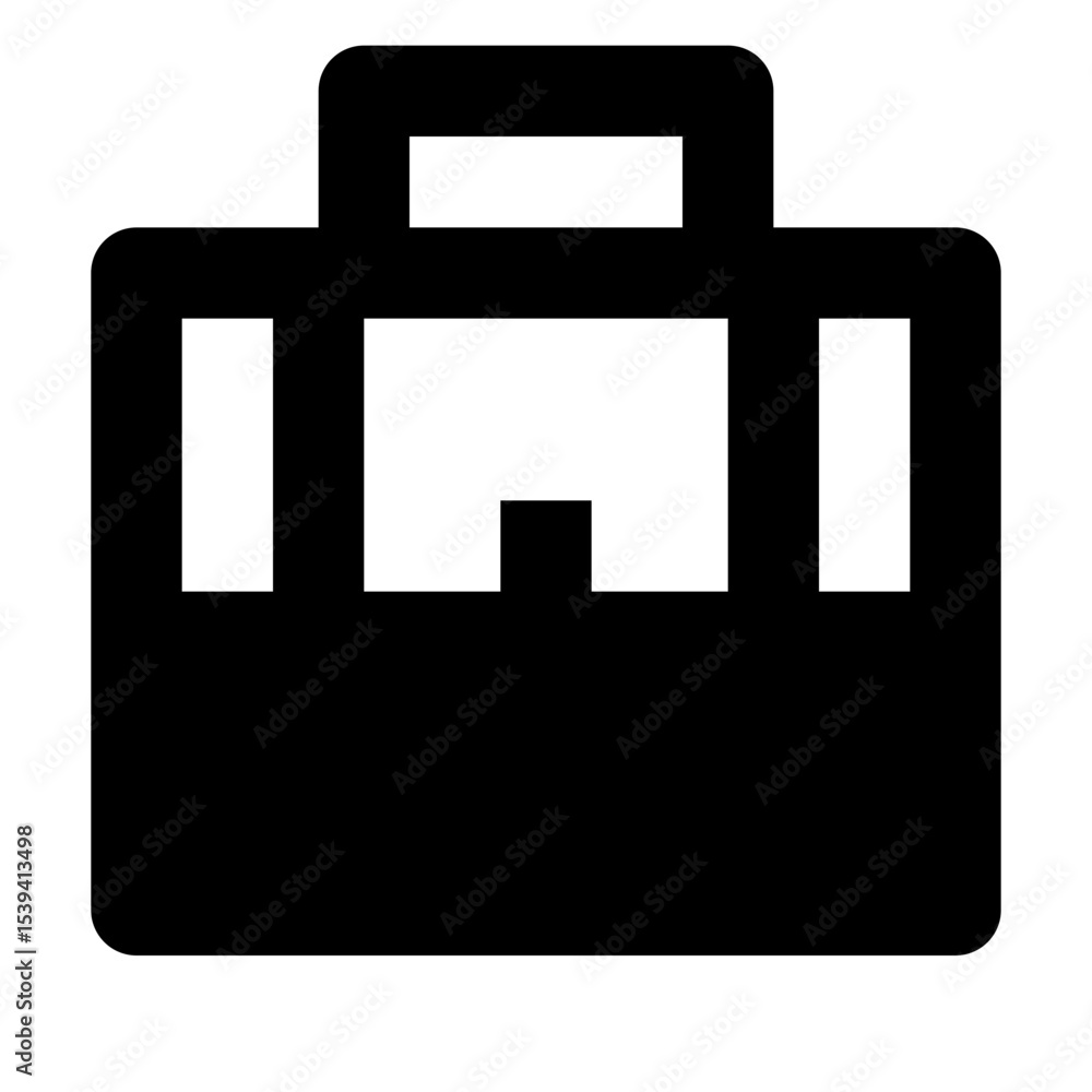 Poster illustration of a simple black briefcase with handle and rectangular details on a white background