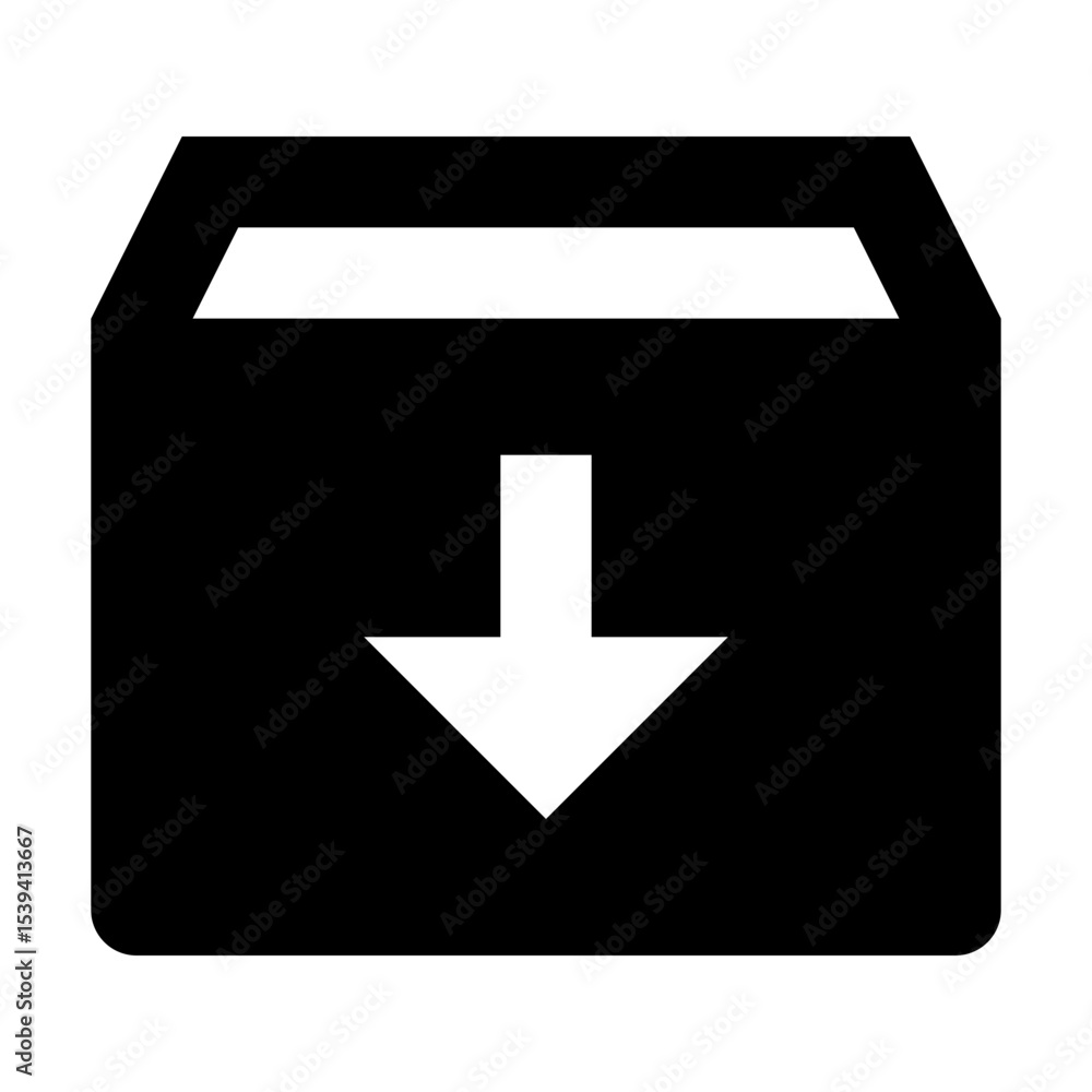 Poster black box with an arrow pointing down indicating a download or save action in simple design style