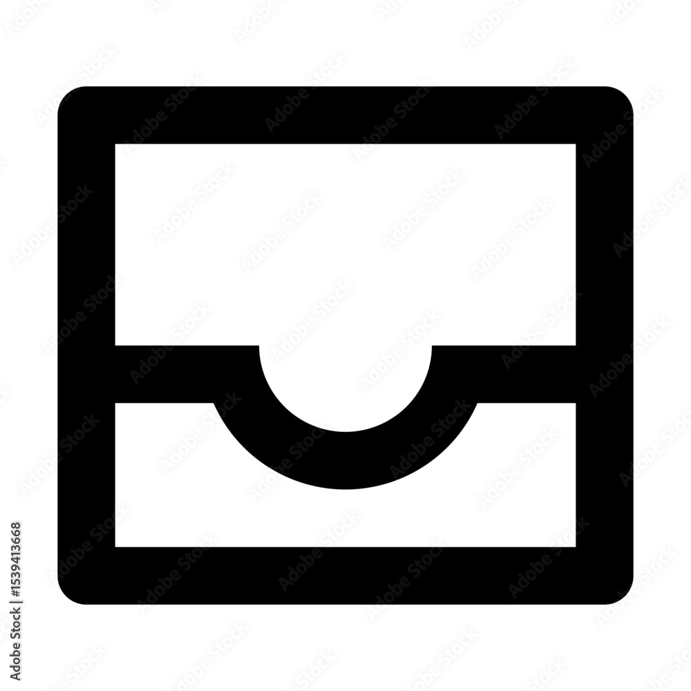 Poster illustration of a simple inbox icon with a curved opening in a bold outline style square shape