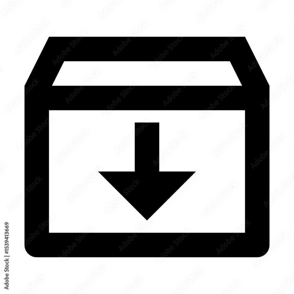 Poster black outlined box with an arrow pointing down inside, representing download or import icon design e