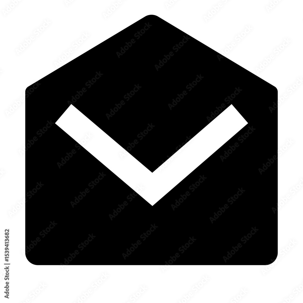 Poster illustration of an open black envelope with a white v shape pointing downwards inside the envelope s