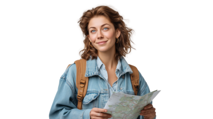 Exploring new places adventurous woman with map urban setting photo with transparent background